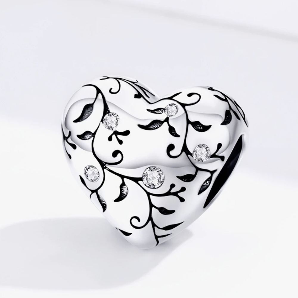 S925 Vintage Style CZ Vine Design Heart Bead Charm Pandora Style